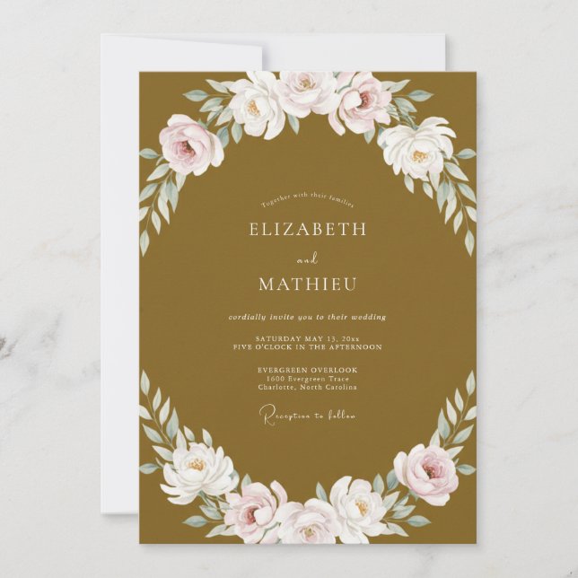 Convites Casamento com Folhagem Pintada de Dourado Mostarda (Frente)