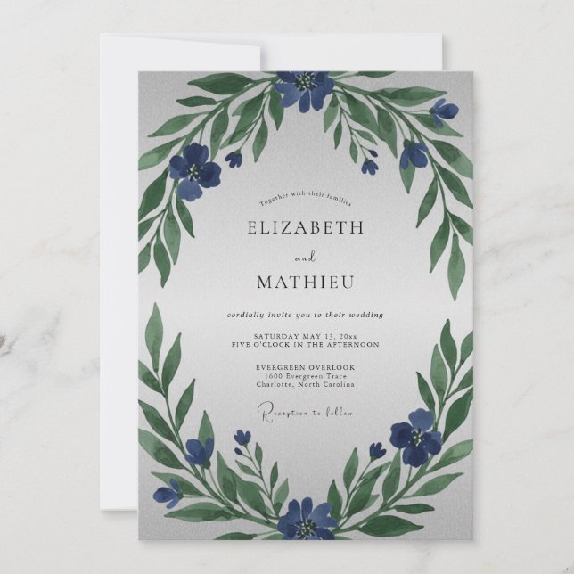 Convites Casamento com Folhagem Pintada de Índigo (Frente)
