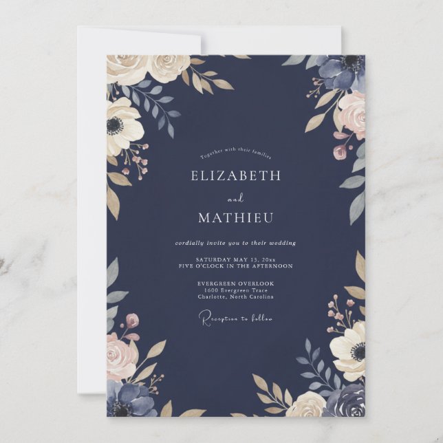 Convites Casamento com Folhagem Pintada de Índigo à Meia-No (Frente)