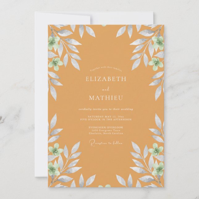 Convites Casamento com Folhagem Pintada de Ocre (Frente)
