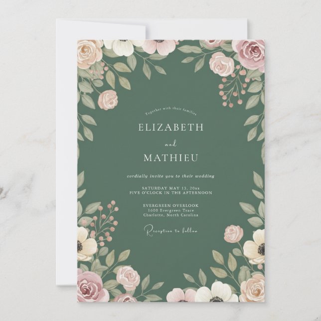 Convites Casamento com Folhagem Pintada de Oliva (Frente)