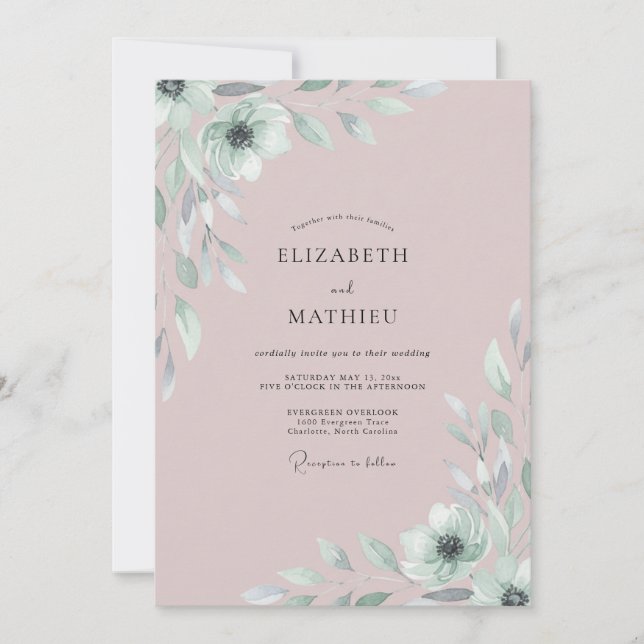 Convites Casamento com Folhagem Pintada de Rosado (Frente)