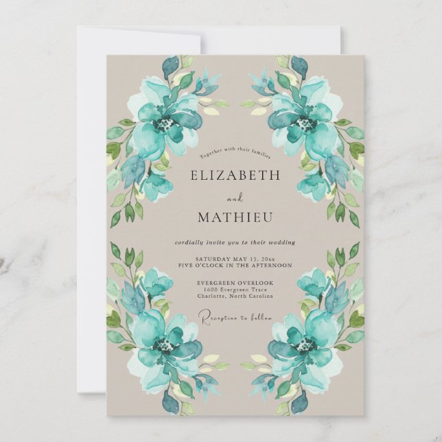 Convites Casamento com Folhagem Pintada de Turquesa (Frente)