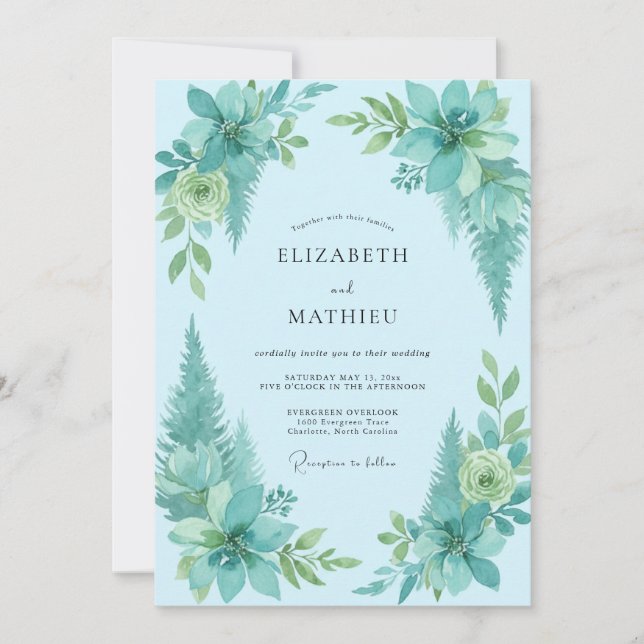 Convites Casamento com Folhagem Pintada em Aqua (Frente)
