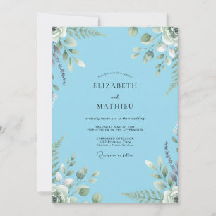Convites Casamento com Folhagem Pintada em Azul Luxo