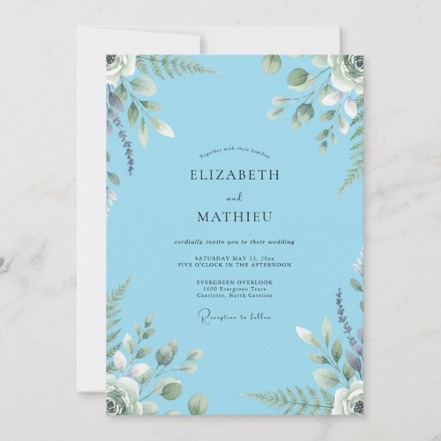 Convites Casamento com Folhagem Pintada em Azul Luxo (Frente)