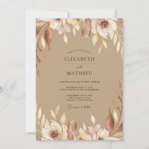 Convites Casamento com Folhagem Pintada em Bege
