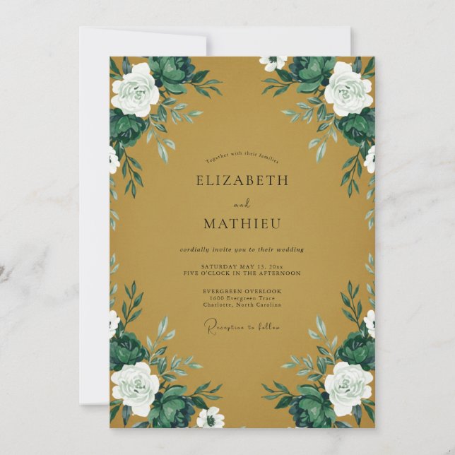 Convites Casamento com Folhagem Pintada em Ocre Celestial (Frente)