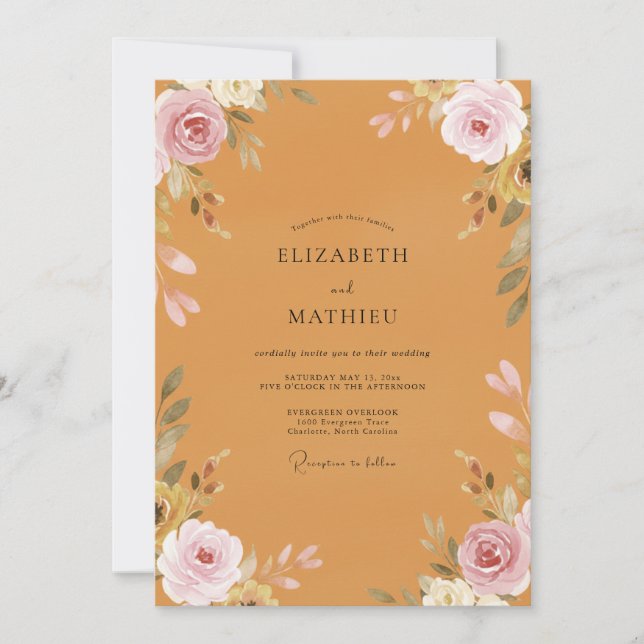 Convites Casamento com Folhagem Pintada em Ocre Dourado (Frente)