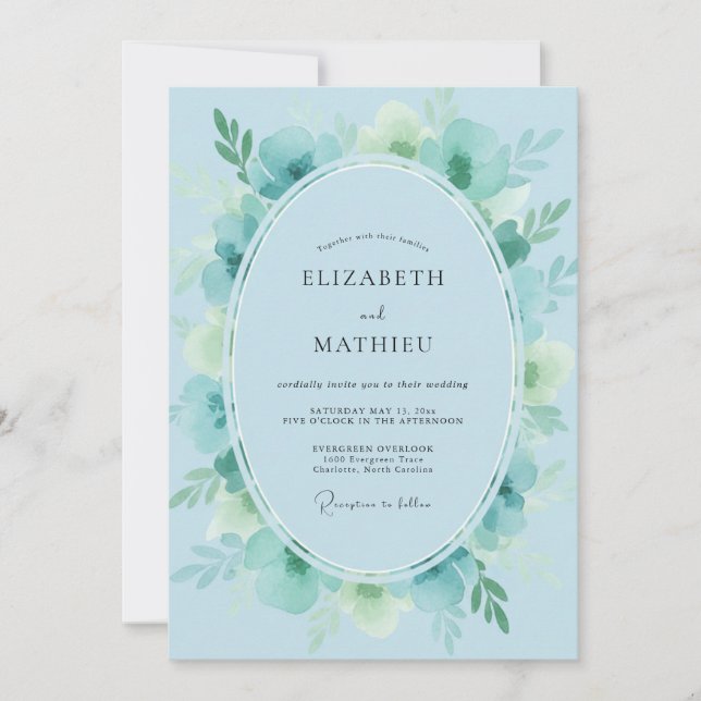 Convites Casamento com Folhagem Pintada Luxo Aqua (Frente)