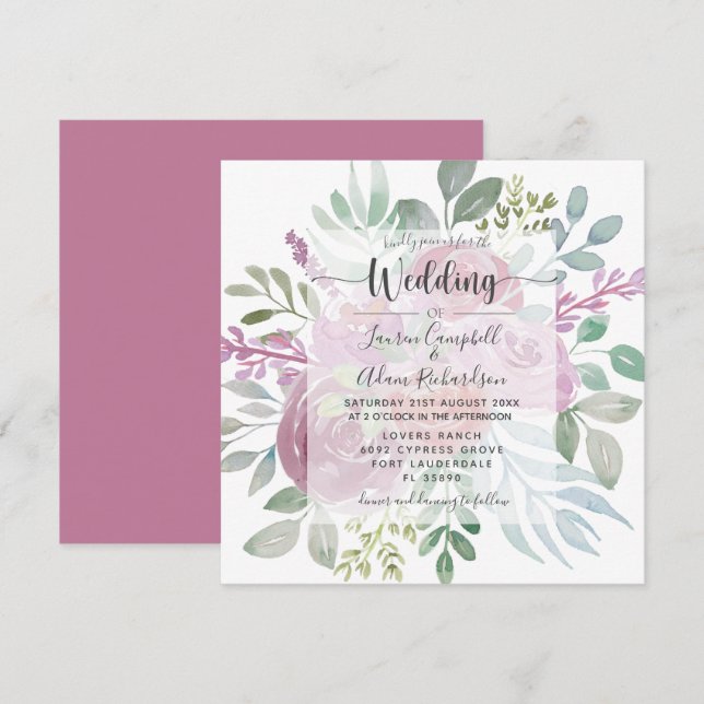 Convites Casamento com Folhagem Rosa Burgundy Floral (Frente/Verso)
