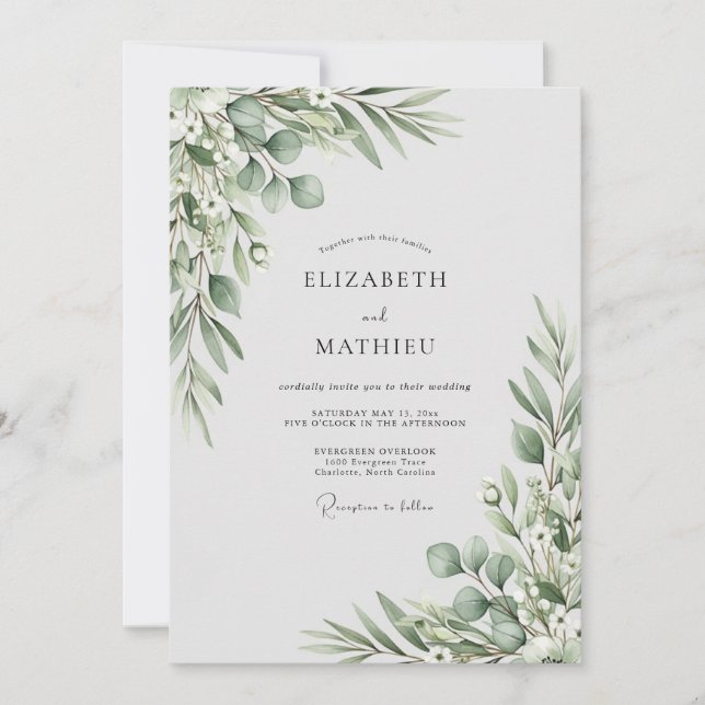 Convites Casamento com Folhagem Verde Salvia (Frente)