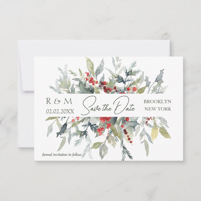 Convites Casamento com Folhagem Vermelha Berries Greenery S (Frente)