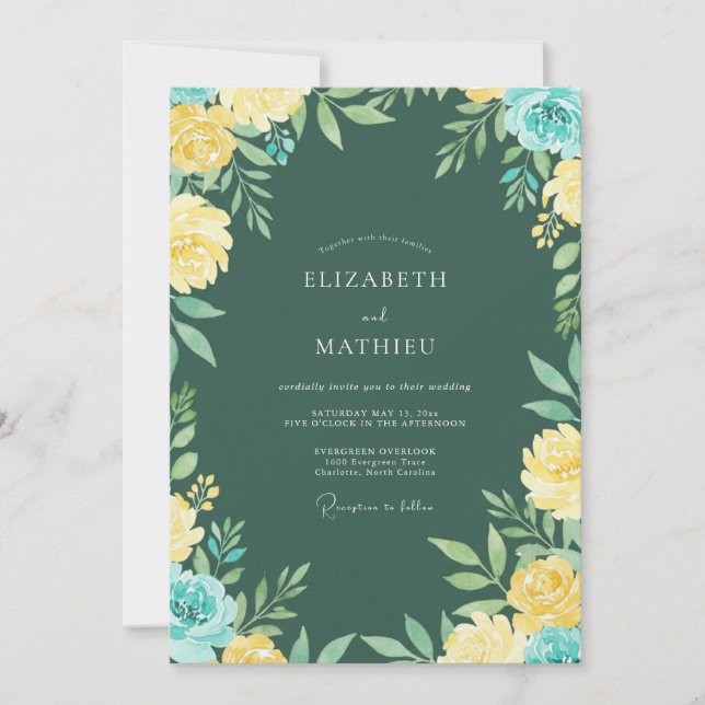 Convites Casamento com Folhas Amarelas e Azul-Turquesa (Frente)