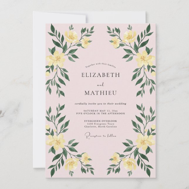 Convites Casamento com Folhas Amarelas Rosadas (Frente)
