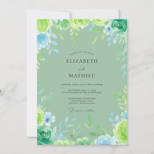 Convites Casamento com Folhas Aqua Turquesa Pintadas à Mão (Frente)