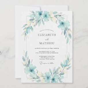 Convites Casamento com Folhas Aquáticas Cian