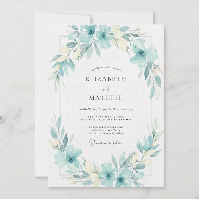 Convites Casamento com Folhas Aquáticas Cian (Frente)