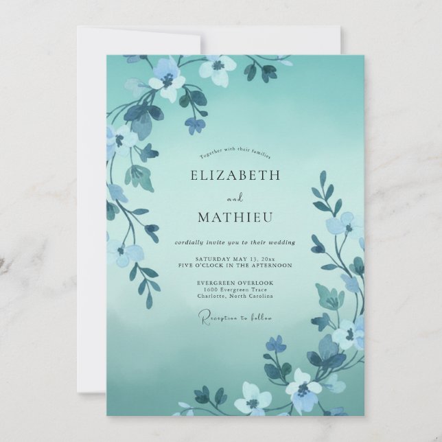 Convites Casamento com Folhas Aquáticas Pintadas à Mão (Frente)