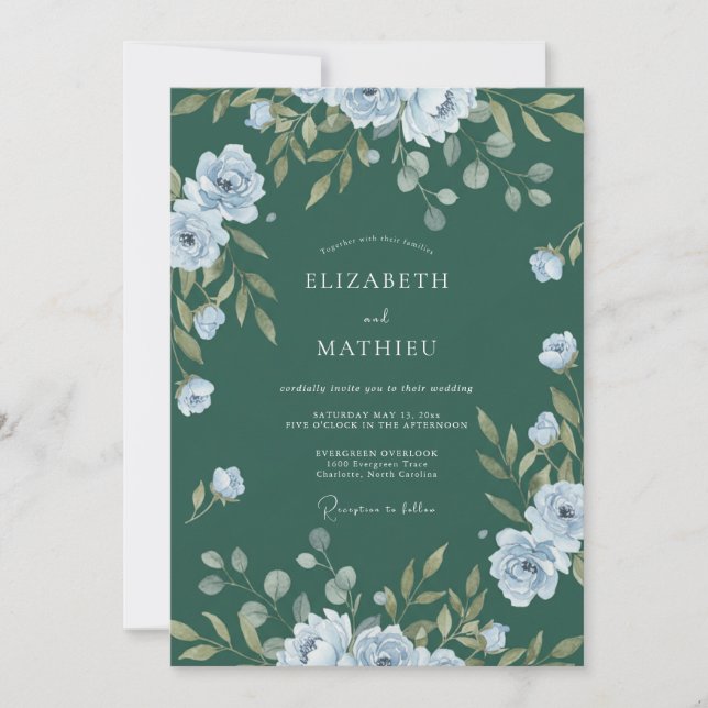 Convites Casamento com Folhas Azul-Esverdeado Escuro Vintag (Frente)