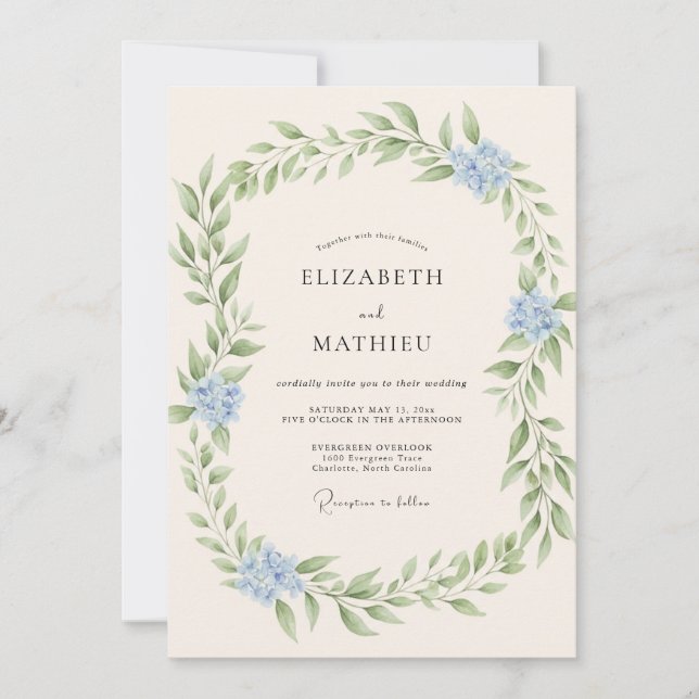 Convites Casamento com Folhas Azul Gelo (Frente)