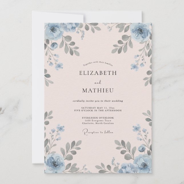 Convites Casamento com Folhas Azure Blush (Frente)