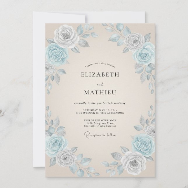 Convites Casamento com Folhas Azure e Champanhe (Frente)