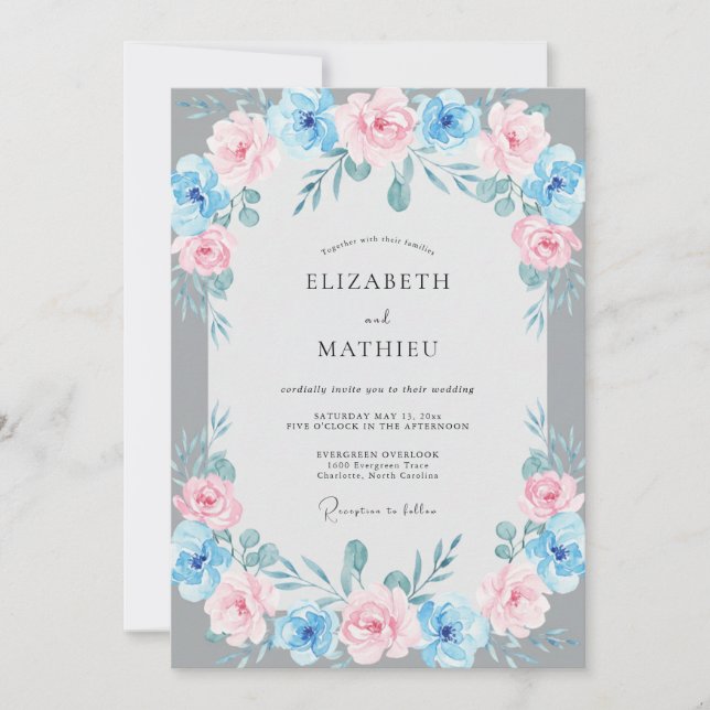 Convites Casamento com Folhas Azure Soft Blush (Frente)