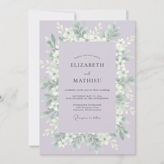 Convites Casamento com Folhas Brancas e Lilás (Frente)