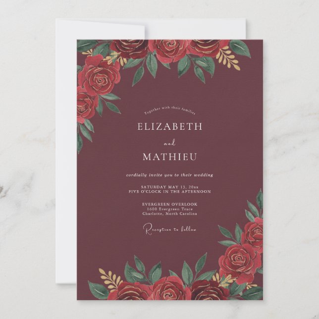 Convites Casamento com Folhas Carmesim Escuras (Frente)