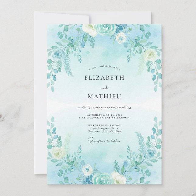 Convites Casamento com Folhas Cerúleas ao Luar (Frente)