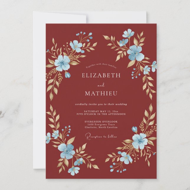 Convites Casamento com Folhas Cerúleo e Ferrugem (Frente)