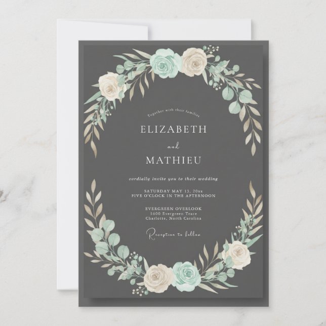 Convites Casamento com Folhas Charcoal Aqua (Frente)