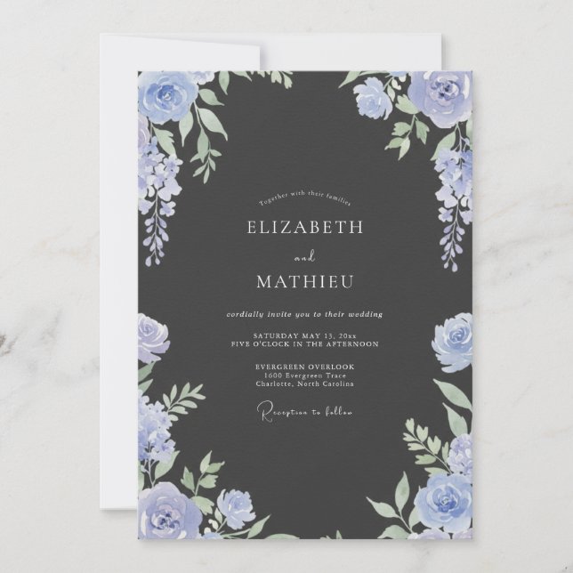 Convites Casamento com Folhas Charcoal Periwinkle (Frente)