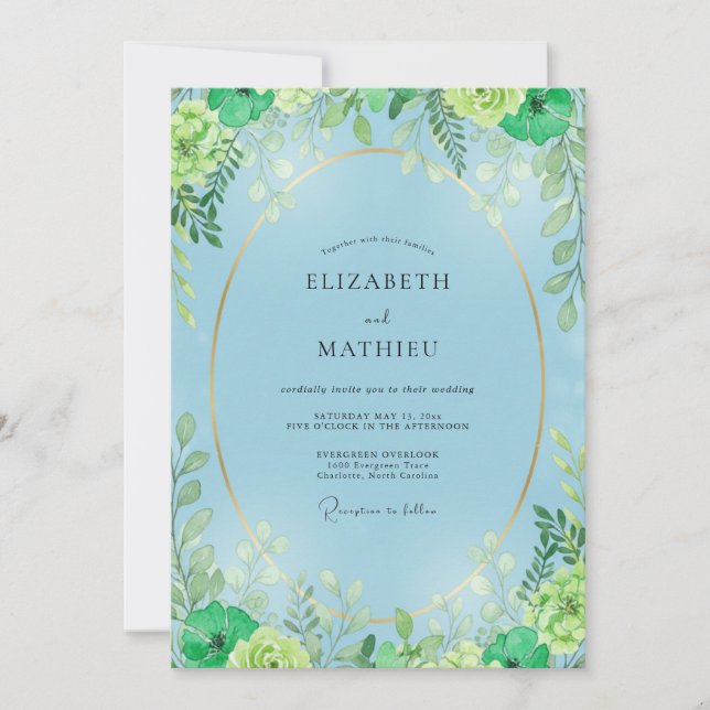 Convites Casamento com Folhas Chartreuse Azure (Frente)
