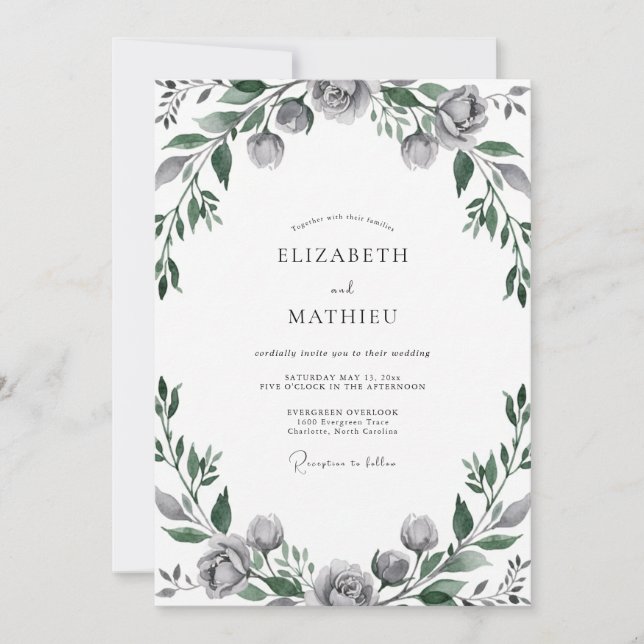 Convites Casamento com Folhas Cinza Aço (Frente)