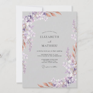 Convites Casamento com Folhas Cinza Lilás Suave