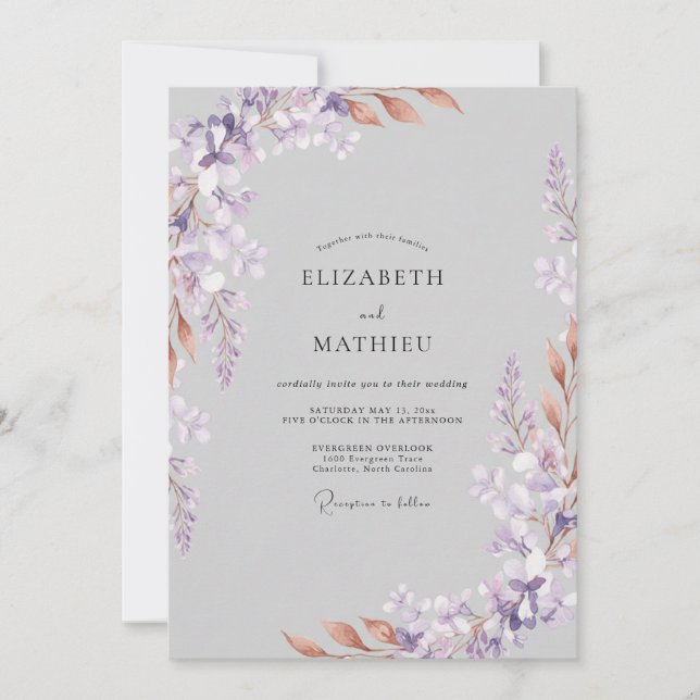 Convites Casamento com Folhas Cinza Lilás Suave (Frente)