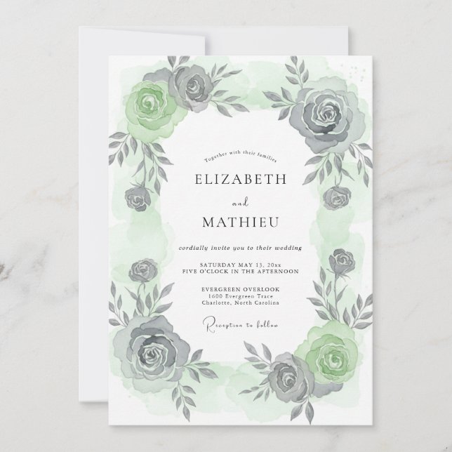 Convites Casamento com Folhas Cinza Prateado (Frente)