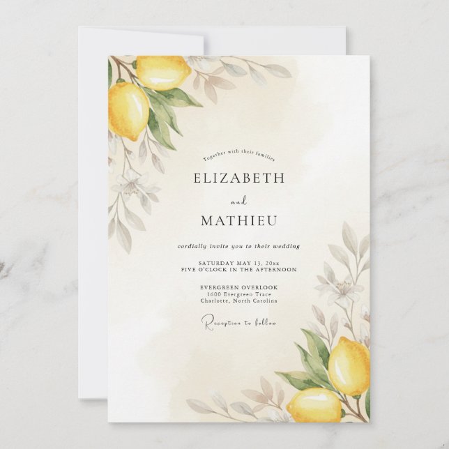 Convites Casamento com Folhas Cítricas Amarelas (Frente)