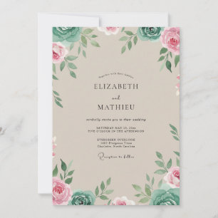 Convites Casamento com Folhas Cor-de-Rosa e Champanhe