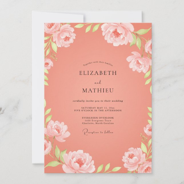Convites Casamento com Folhas Coral Blush (Frente)
