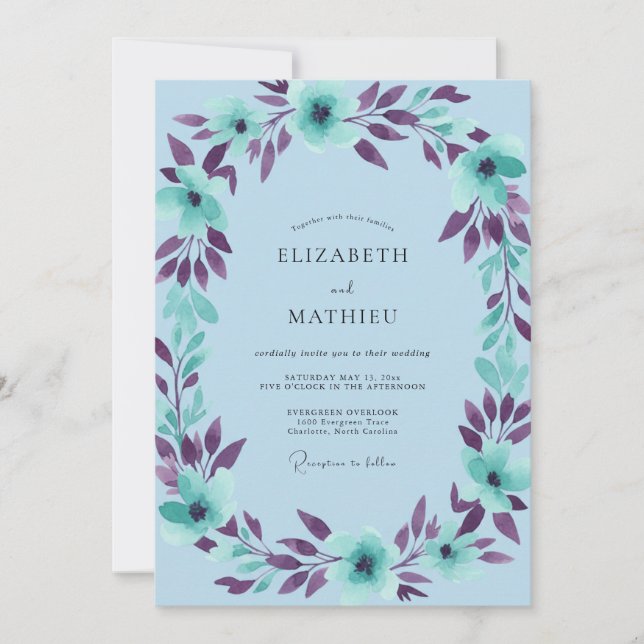 Convites Casamento com Folhas de Ameixa Azul (Frente)