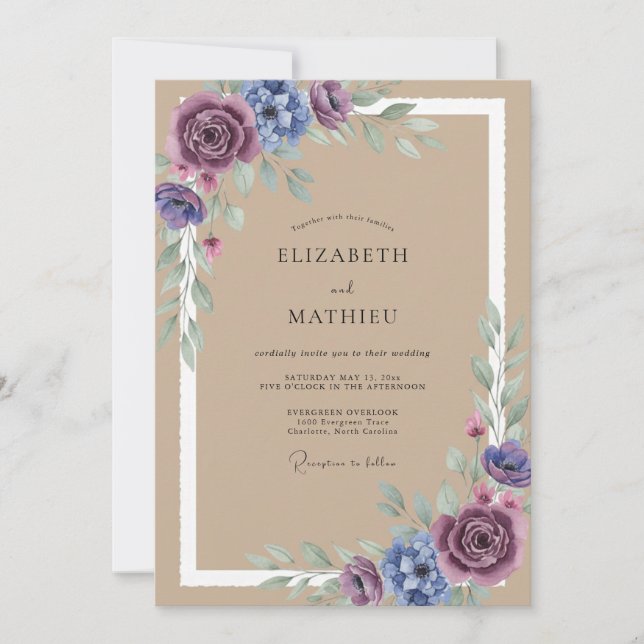 Convites Casamento com Folhas de Ameixa Bege (Frente)