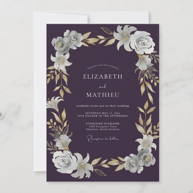 Convites Casamento com Folhas de Ameixa Profunda (Frente)