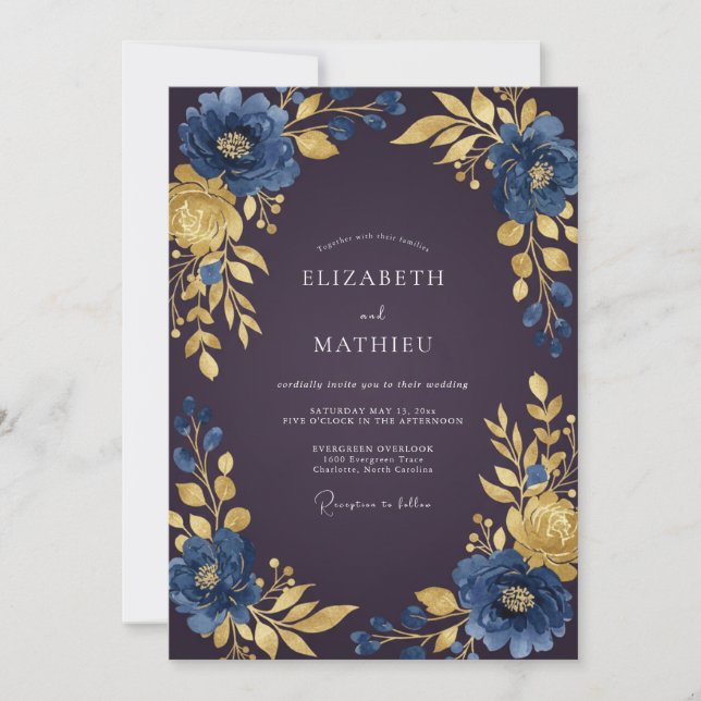 Convites Casamento com Folhas de Ameixa Safira (Frente)