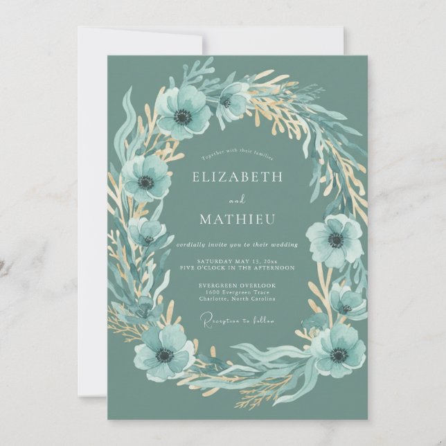 Convites Casamento com Folhas de Anêmona Azul (Frente)