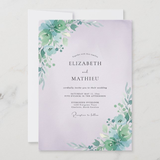 Convites Casamento com Folhas de Aquamarinha e Periwinkle (Frente)