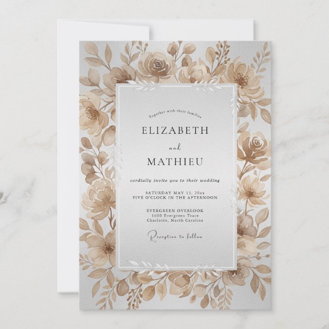 Convites Casamento com Folhas de Aquarela em Champanhe (Frente)