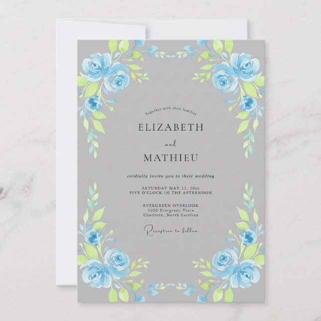 Convites Casamento com Folhas de Ardósia Azul (Frente)